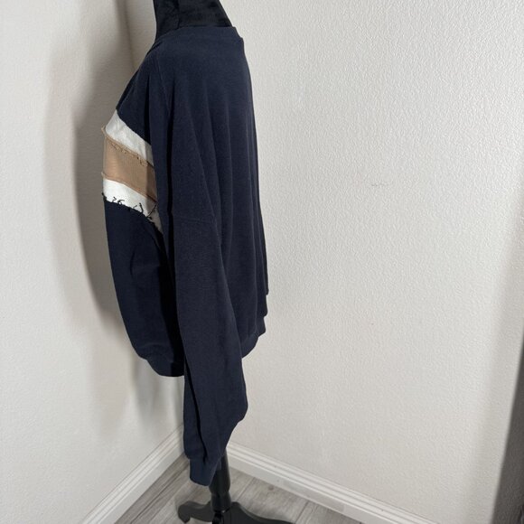 Aemi & Co Size L Frayed Colorblock Crew Neck Sweater Navy/Tan/White Cotton Blend - Picture 7 of 10